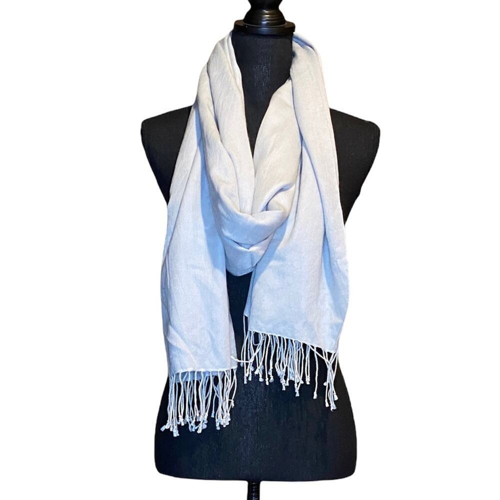 Kenneth Cole Pashmina Silk Blend Fringe Trim Scarf Wrap Silvery Gray Women's OS